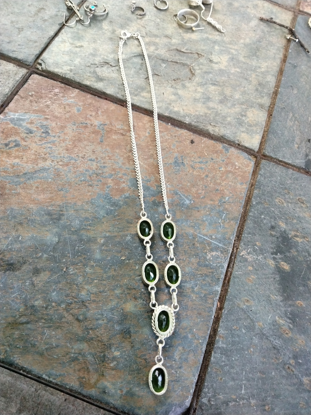 Vintage Sterling Silver Green Stone Y-Style Necklace